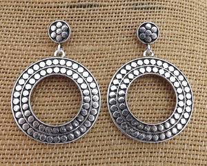 Round Silver Tone Drop Earrings on Stud Setting