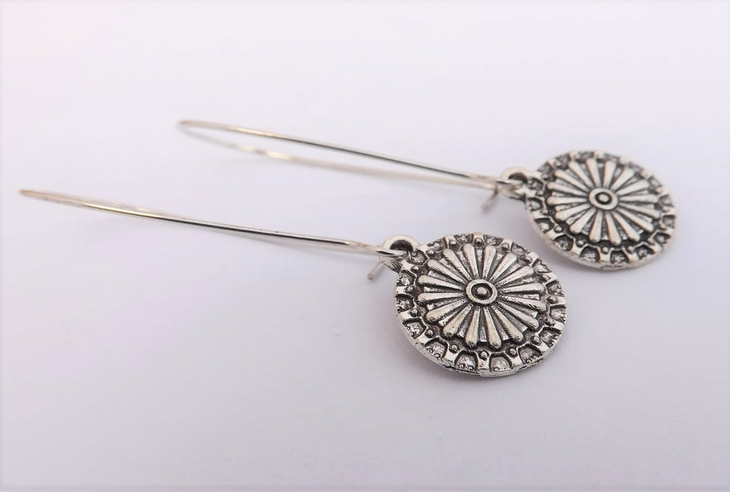 Round Silver Tone Earrings on Long Kidney Hooks