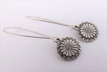 Load image into Gallery viewer, Round Silver Tone Earrings on Long Kidney Hooks
