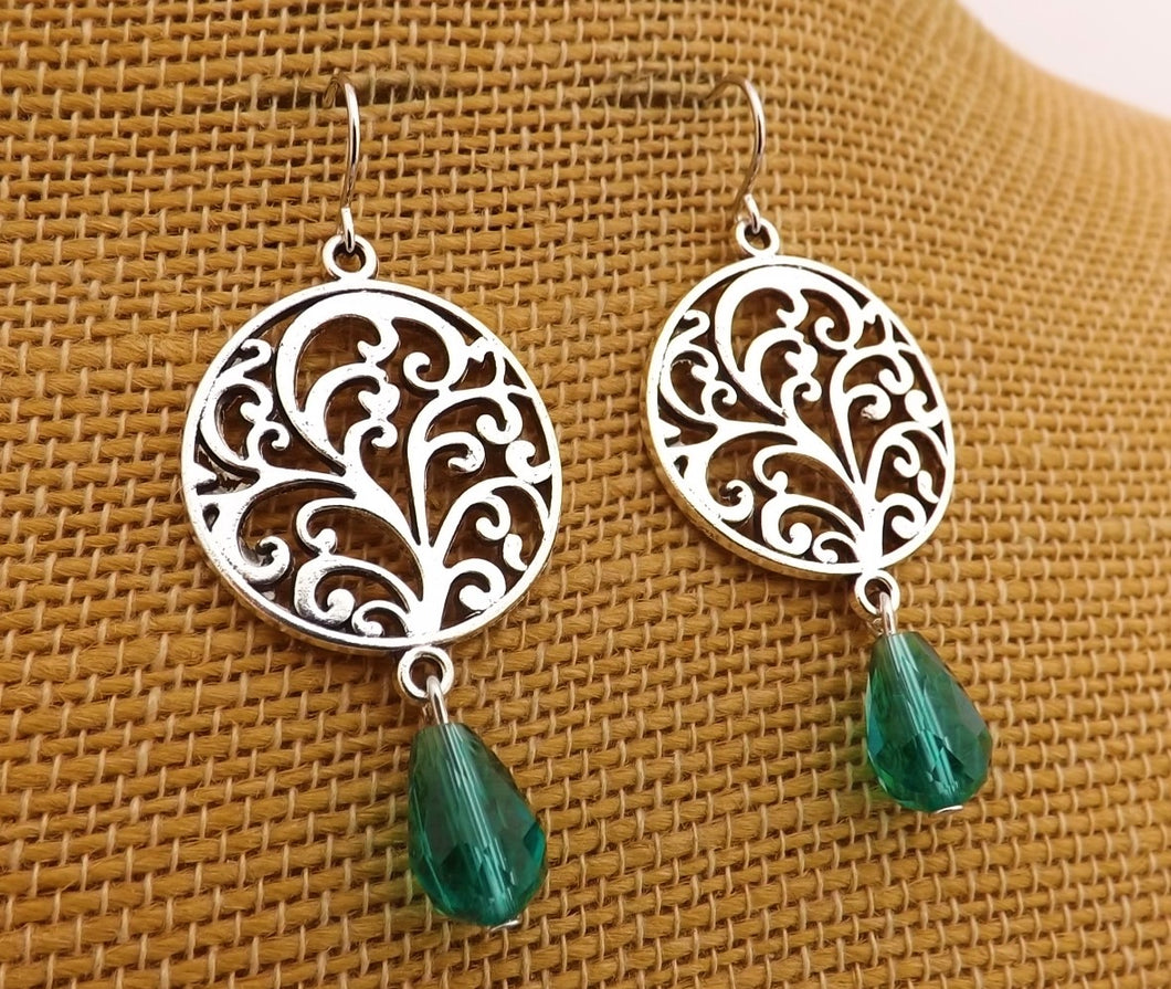 Round Silver Tone Filigree Drop Earrings with Faceted Teal Teardrop