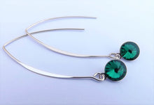Load image into Gallery viewer, Round Teal Crystal Teardrop Earrings on Long Silver Tone Kidney Hooks
