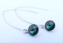 Load image into Gallery viewer, Round Teal Crystal Teardrop Earrings on Long Silver Tone Kidney Hooks
