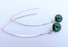 Load image into Gallery viewer, Round Teal Crystal Teardrop Earrings on Long Silver Tone Kidney Hooks
