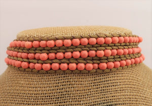 Salmon Orange & Faux Brown Leather Long Strand Bracelet