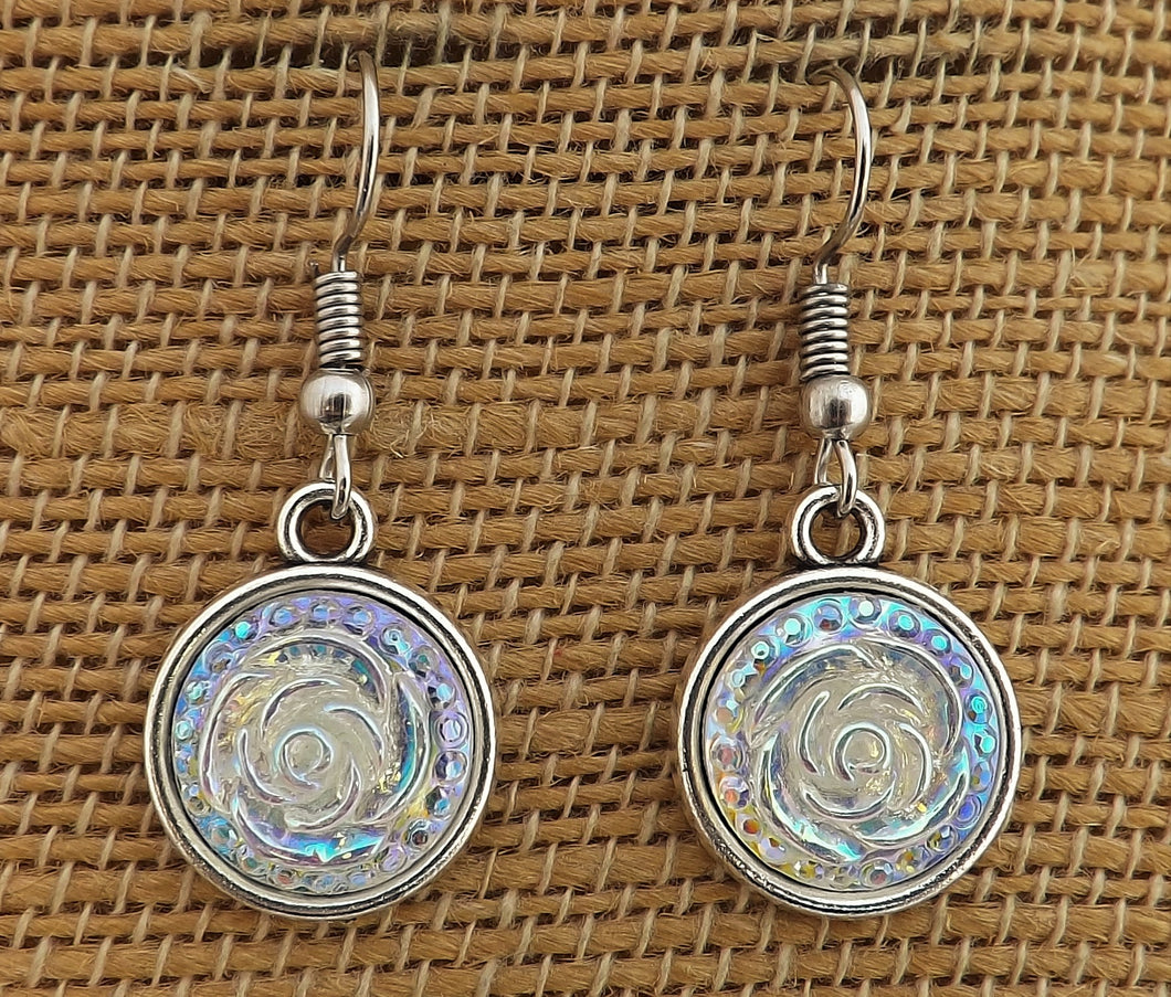 Silver White 3D Rose  Flower AB Lustre - Silver Tone Drop Dome Earrings