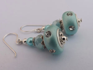 Silver Diamante on Blue Acrylic Bead Earrings on Sterling Silver Hooks