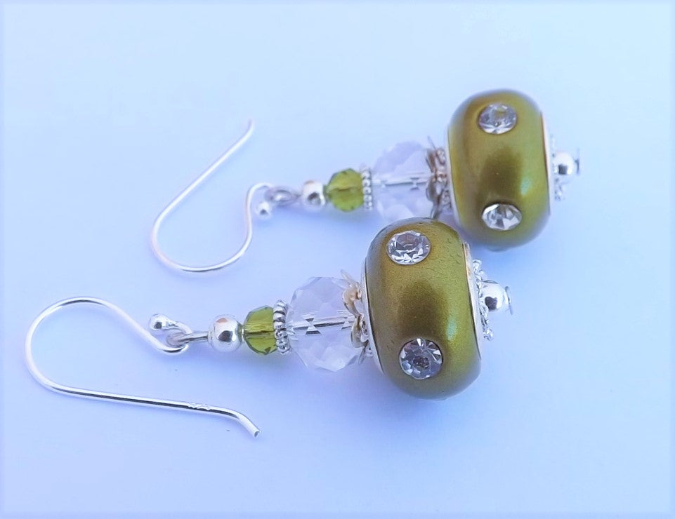 Silver Diamante on Green Acrylic Bead Earrings on Sterling Silver Hooks