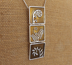 Silver Fern on Tan Green, Triple Cube Pendant Necklace