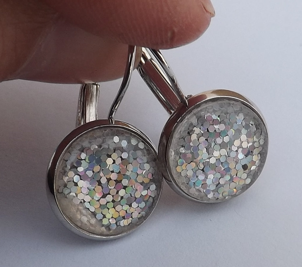Silver Glitter Dome Earrings on Lever Back Hooks