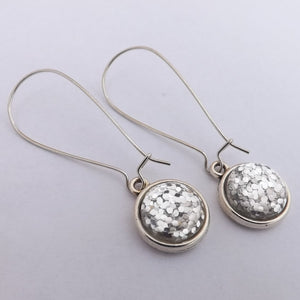 Silver Glitter Handmade Dome Earrings on Long Kidney Hooks