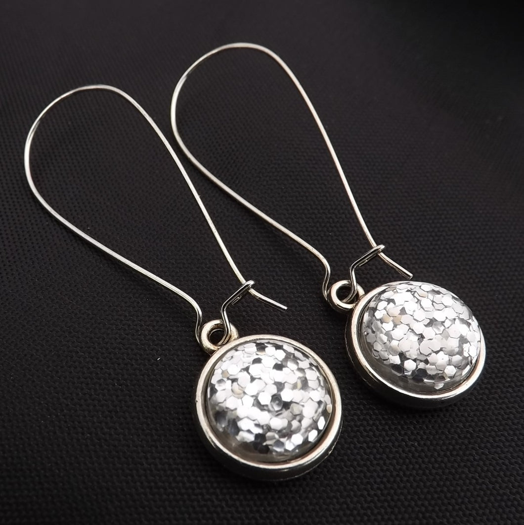 Silver Glitter Handmade Dome Earrings on Long Kidney Hooks