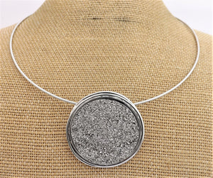 Silver Glittery Lava Stone Style Round Pendant