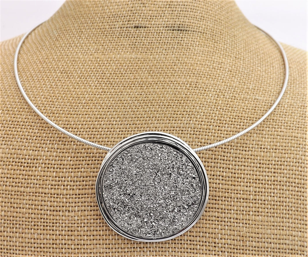 Silver Glittery Lava Stone Style Round Pendant