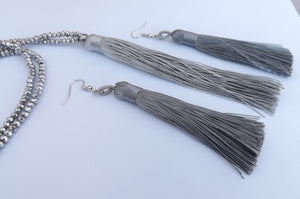 Silver Grey Tassel & Crystal Cut Beads, Necklace & Earrings Set