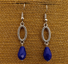 Load image into Gallery viewer, Silver Loop with Dark Blue Crystal Cut  Teardrop Earrings
