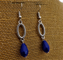 Load image into Gallery viewer, Silver Loop with Dark Blue Crystal Cut  Teardrop Earrings
