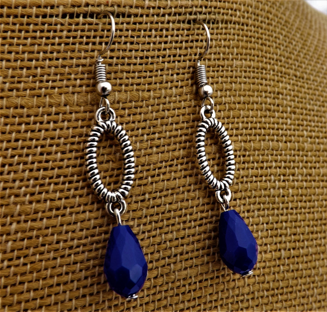 Silver Loop with Dark Blue Crystal Cut  Teardrop Earrings