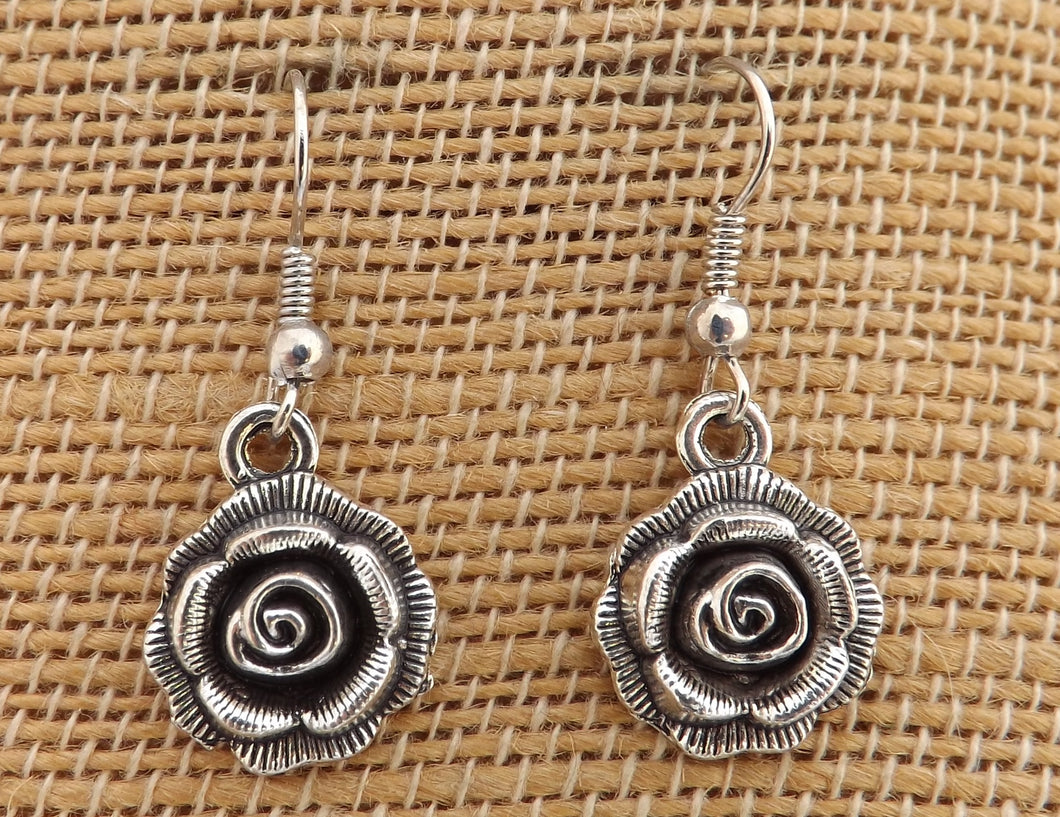 Silver Tone 3D Rose Drop Earrings