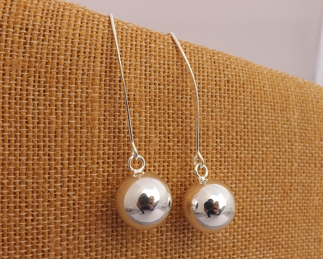 Silver Tone Ball Earrings on Long Hooks