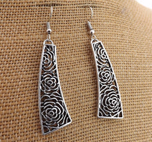 Load image into Gallery viewer, Silver Tone Filigree Rose Drop Earrings
