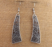 Load image into Gallery viewer, Silver Tone Filigree Rose Drop Earrings
