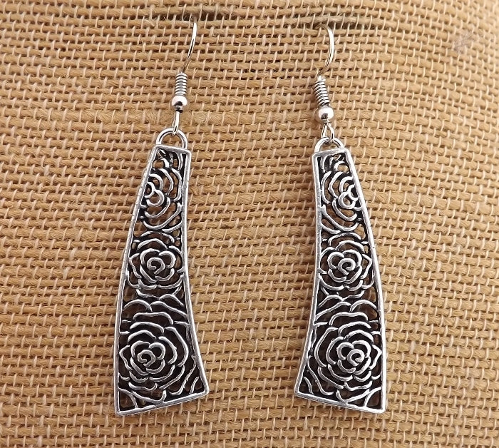 Silver Tone Filigree Rose Drop Earrings