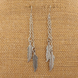 Silver Tone Feather Drop Earrings