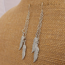 Load image into Gallery viewer, Silver Tone Feather Drop Earrings
