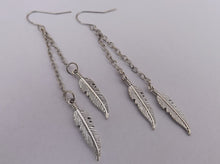 Load image into Gallery viewer, Silver Tone Feather Drop Earrings
