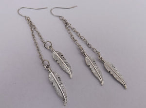 Silver Tone Feather Drop Earrings