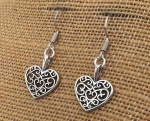 Filigree Style Heart Drop Earrings (Bronze or Silver)