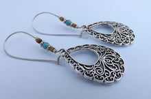 Load image into Gallery viewer, Silver Tone Filigree Style Teardrop Earrings on Long Kidney Hooks
