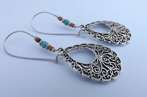 Silver Tone Filigree Style Teardrop Earrings on Long Kidney Hooks