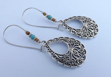 Load image into Gallery viewer, Silver Tone Filigree Style Teardrop Earrings on Long Kidney Hooks
