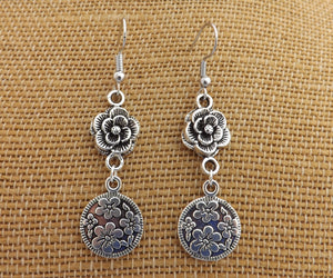 Silver Tone Flower Drop Earrings