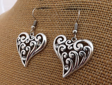 Load image into Gallery viewer, Silver Tone Heart Drop Earrings
