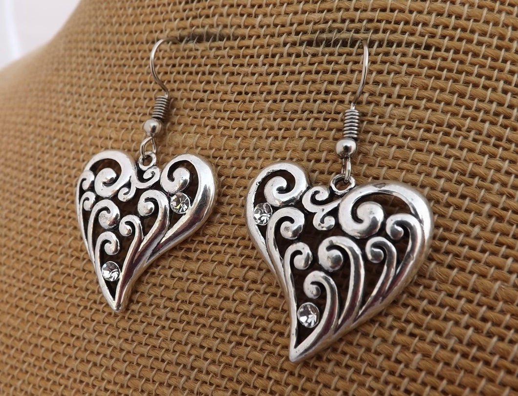 Silver Tone Heart Drop Earrings