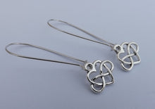 Load image into Gallery viewer, Silver Tone Infinity Twist &amp; Heart Earrings on Long Kidney Hooks
