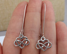 Load image into Gallery viewer, Silver Tone Infinity Twist &amp; Heart Earrings on Long Kidney Hooks
