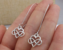 Load image into Gallery viewer, Silver Tone Infinity Twist &amp; Heart Earrings on Long Kidney Hooks
