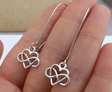 Load image into Gallery viewer, Silver Tone Infinity Twist &amp; Heart Earrings on Long Kidney Hooks
