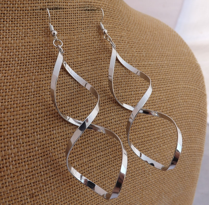 Silver Tone Long Twist Drop Earrings