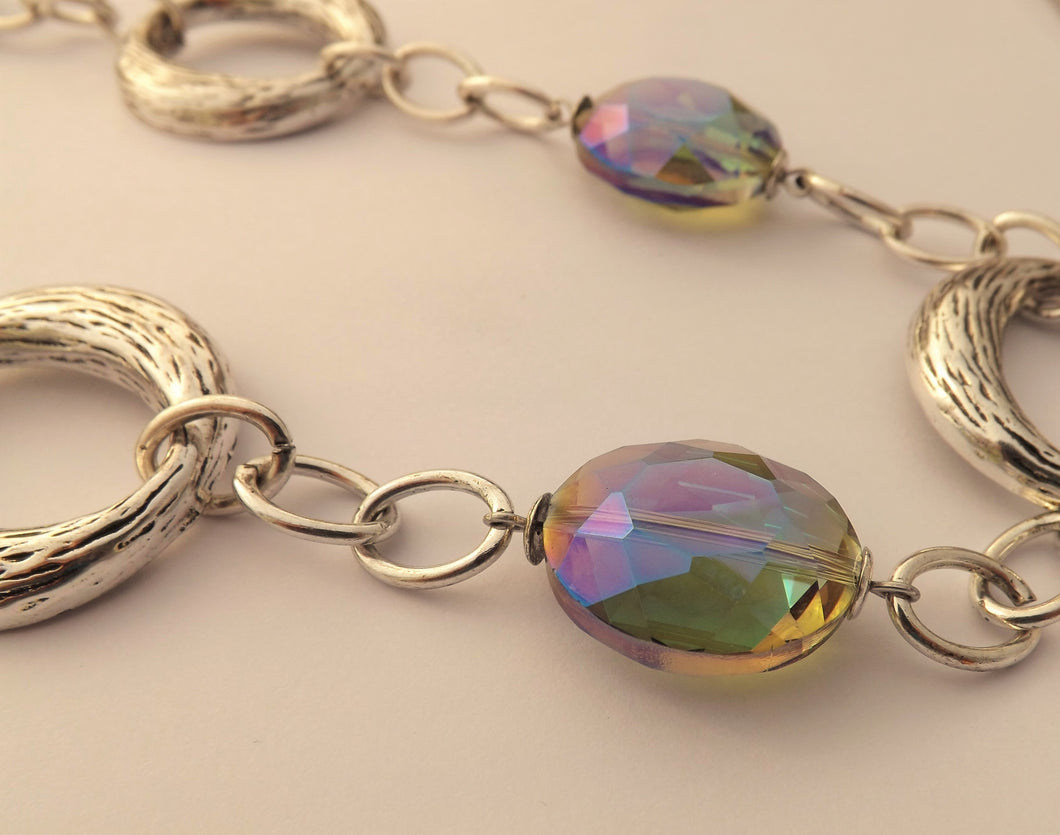 Silver Tone Loops & Faceted Purple Grey Beads, Long Chain Necklace