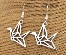 Load image into Gallery viewer, Silver Tone Origami Paper Crane, Drop Earrings
