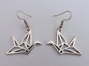 Silver Tone Origami Paper Crane, Drop Earrings