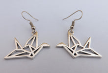 Load image into Gallery viewer, Silver Tone Origami Paper Crane, Drop Earrings
