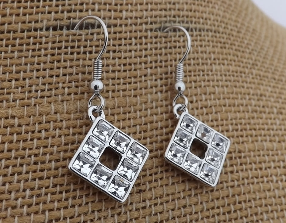 Silver Tone Rhinestone Drop Earrings