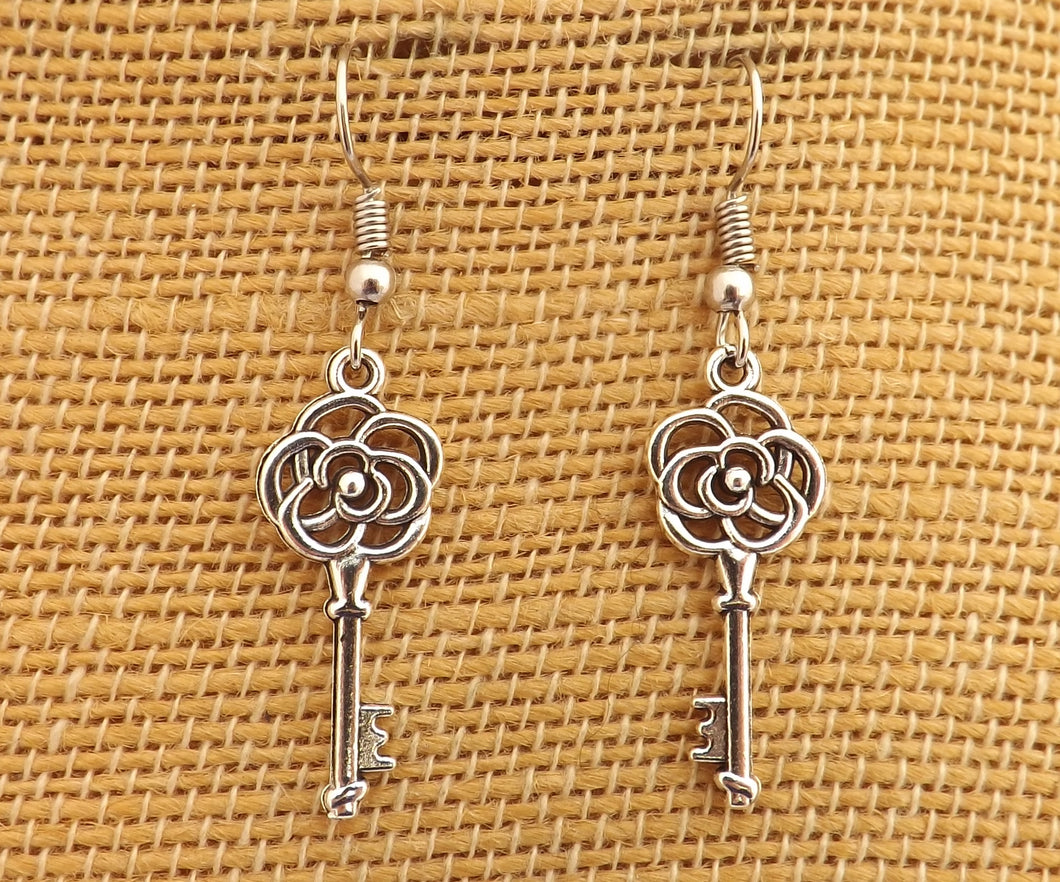 Silver Tone Rose adorned Vintage Key Earrings