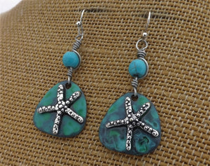 Silver Tone Starfish on Blue, Earrings