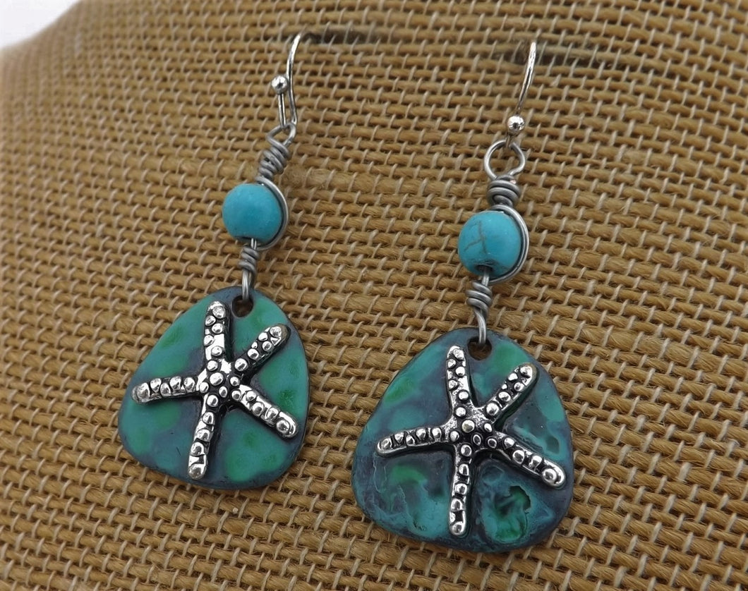 Silver Tone Starfish on Blue, Earrings